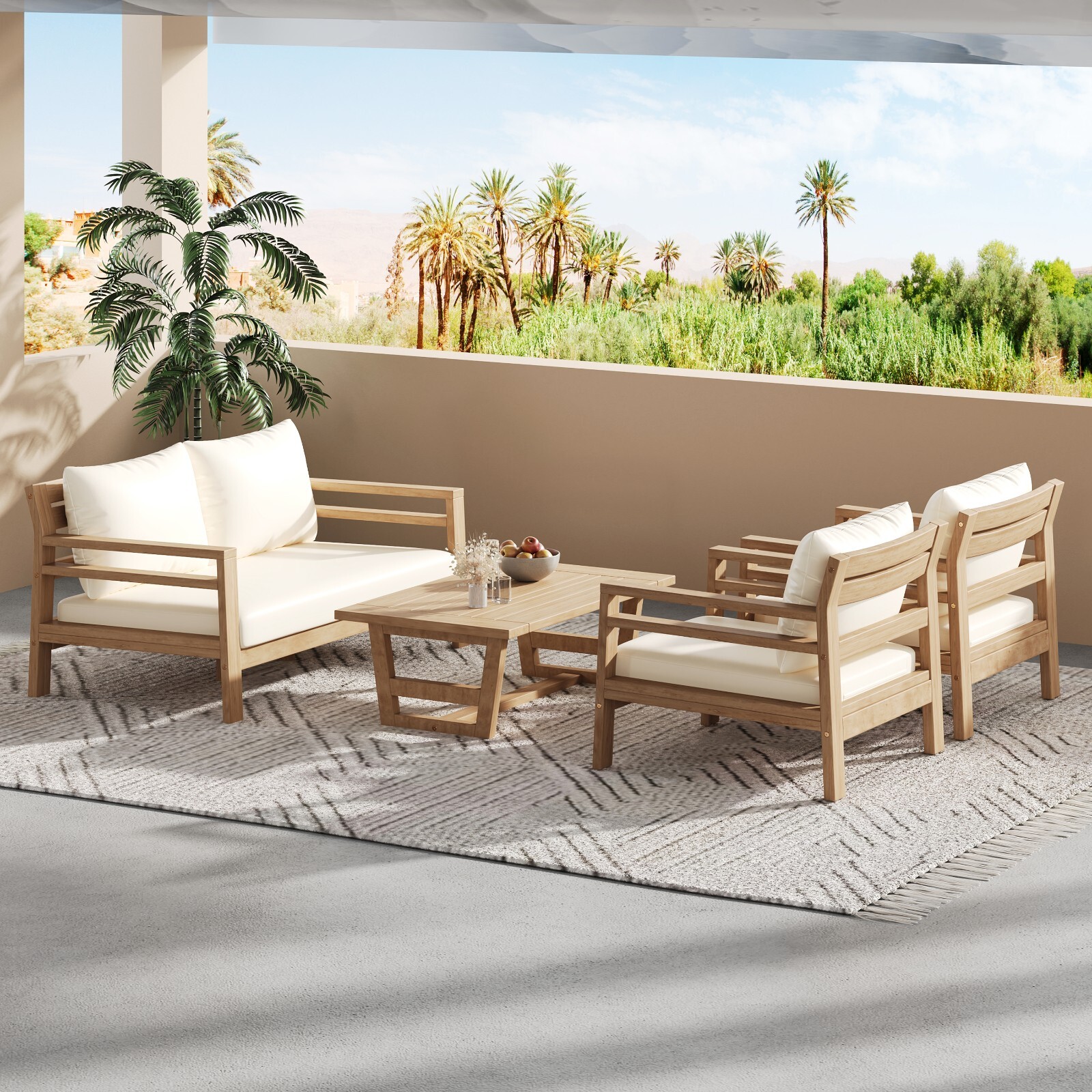 4-Piece Outdoor Acacia Wood Furniture Set Loveseat, Lounge Chair & Coffee Table