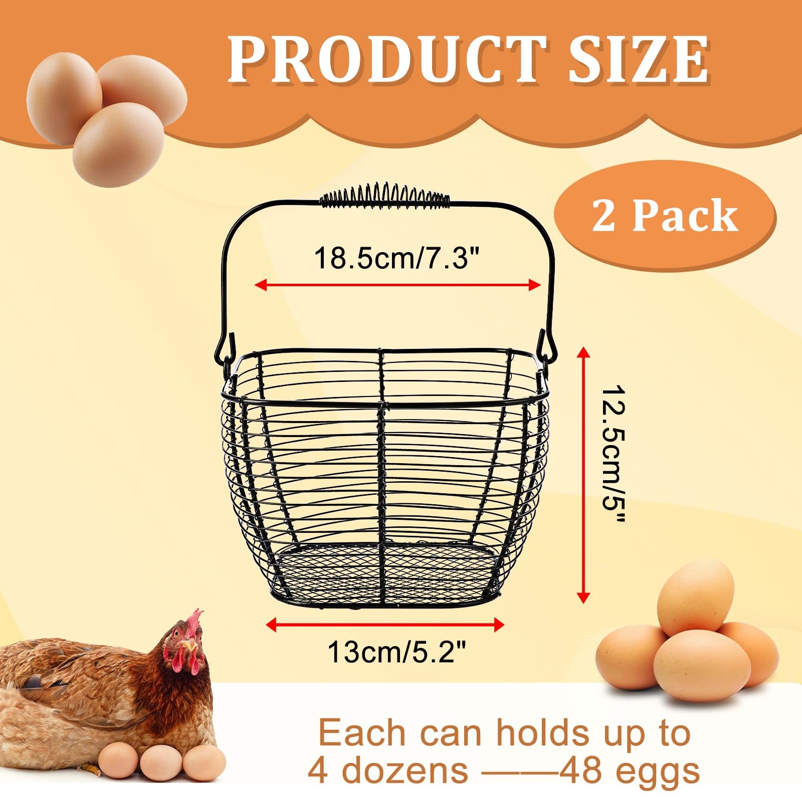 2 PCS 7" Black Square Wire Egg Baskets for Fresh Egg With Handle, Small Metal...
