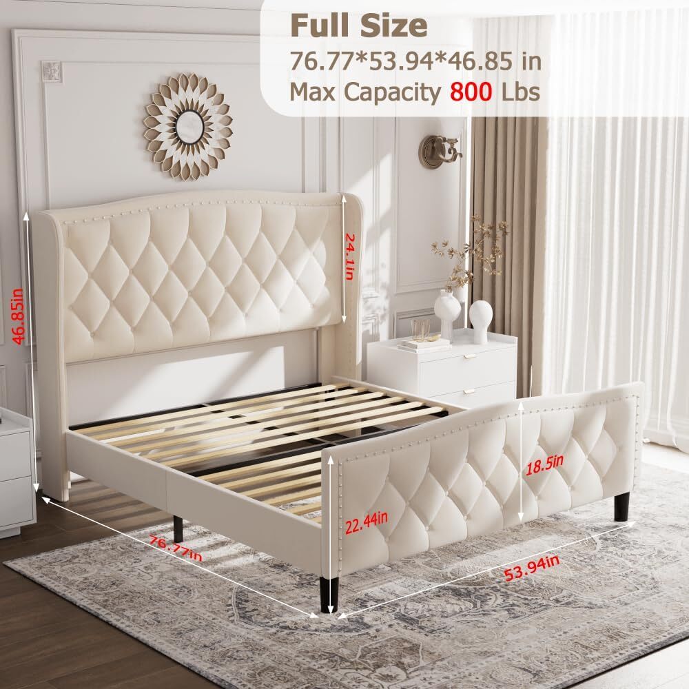 Full/Queen Size Bed Frame Headboard Velvet Upholstered Platform Bed Frame White