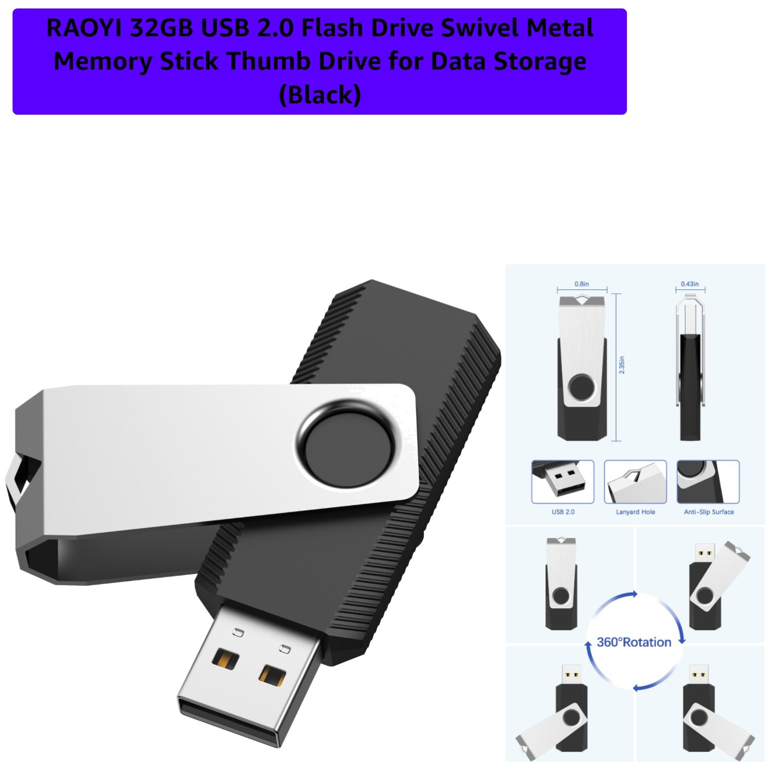 32GB USB 2.0 Flash Drive Swivel Metal Memory Stick Thumb Drive for Data Stora...