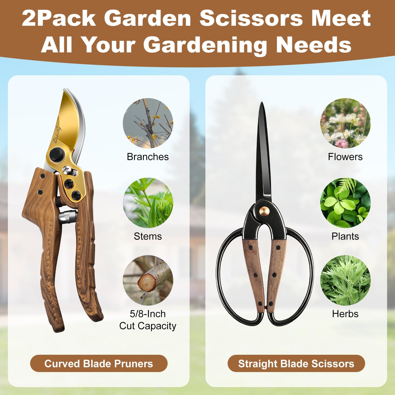 Dekeliy 2Pack Garden Pruning Shears Set: Ultra Sharp SK5 Blade Wood Grain