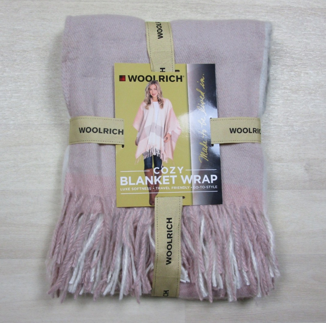 Woolrich Womens Cozy Blanket Wrap Aurora Plaid Pink Gray Fringe New NWT Coquette