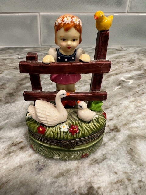 D. N. & E.I. Porcelain Trinket Box Girl By A Fence Vintage