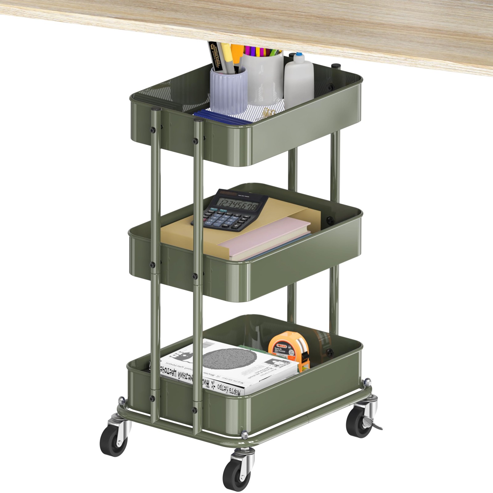 Simple Houseware 3-Tier Compact Utility Rolling Cart, Low 24” Height Fits Under