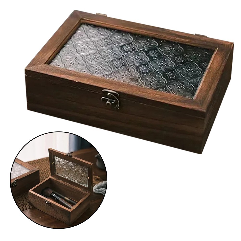 Vintage style wooden box with Begonia flower glass for storage and display