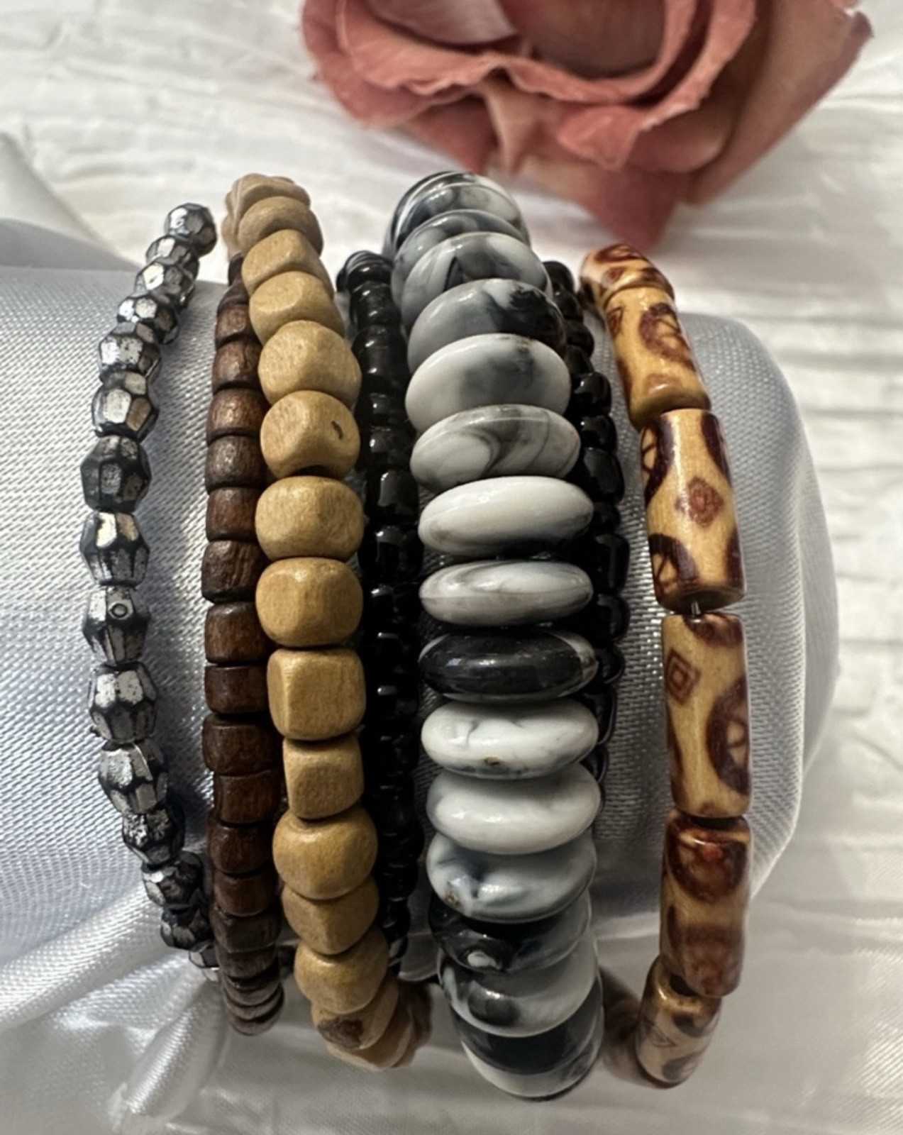 Handcrafted Beaded Stretch Bracelet Set Wood Stone Glass Round Boho Multicolor