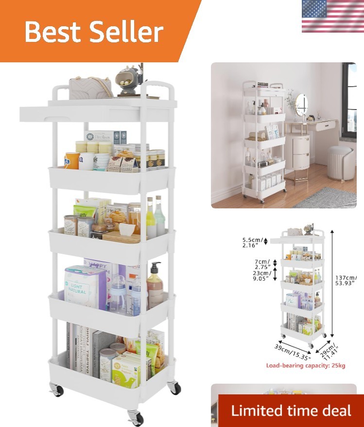 Heavy-Duty Rolling Utility Cart: 5-Tier Organizer with Drawer, White, Adjustable