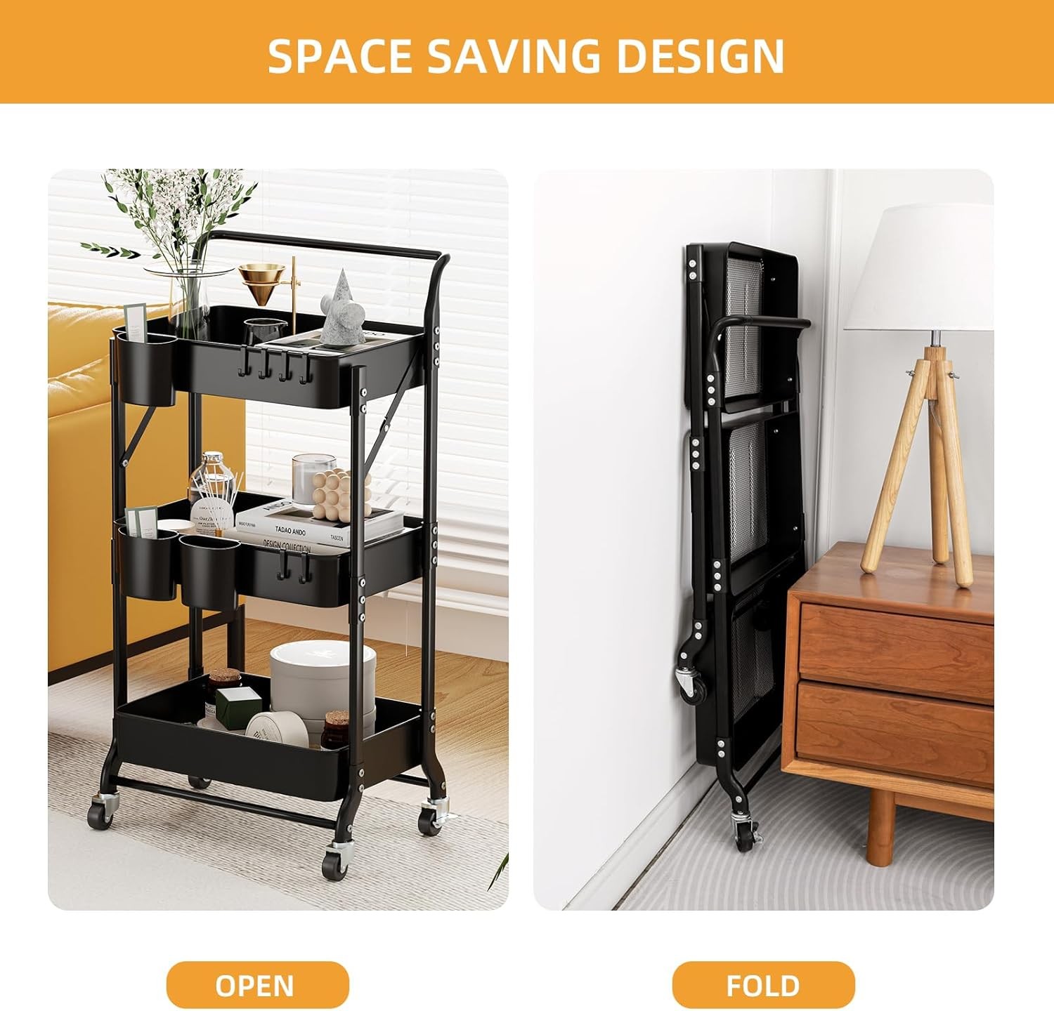 3 Tier Foldable Rolling Cart W/ Wheels Folding Utility Cart Organizer