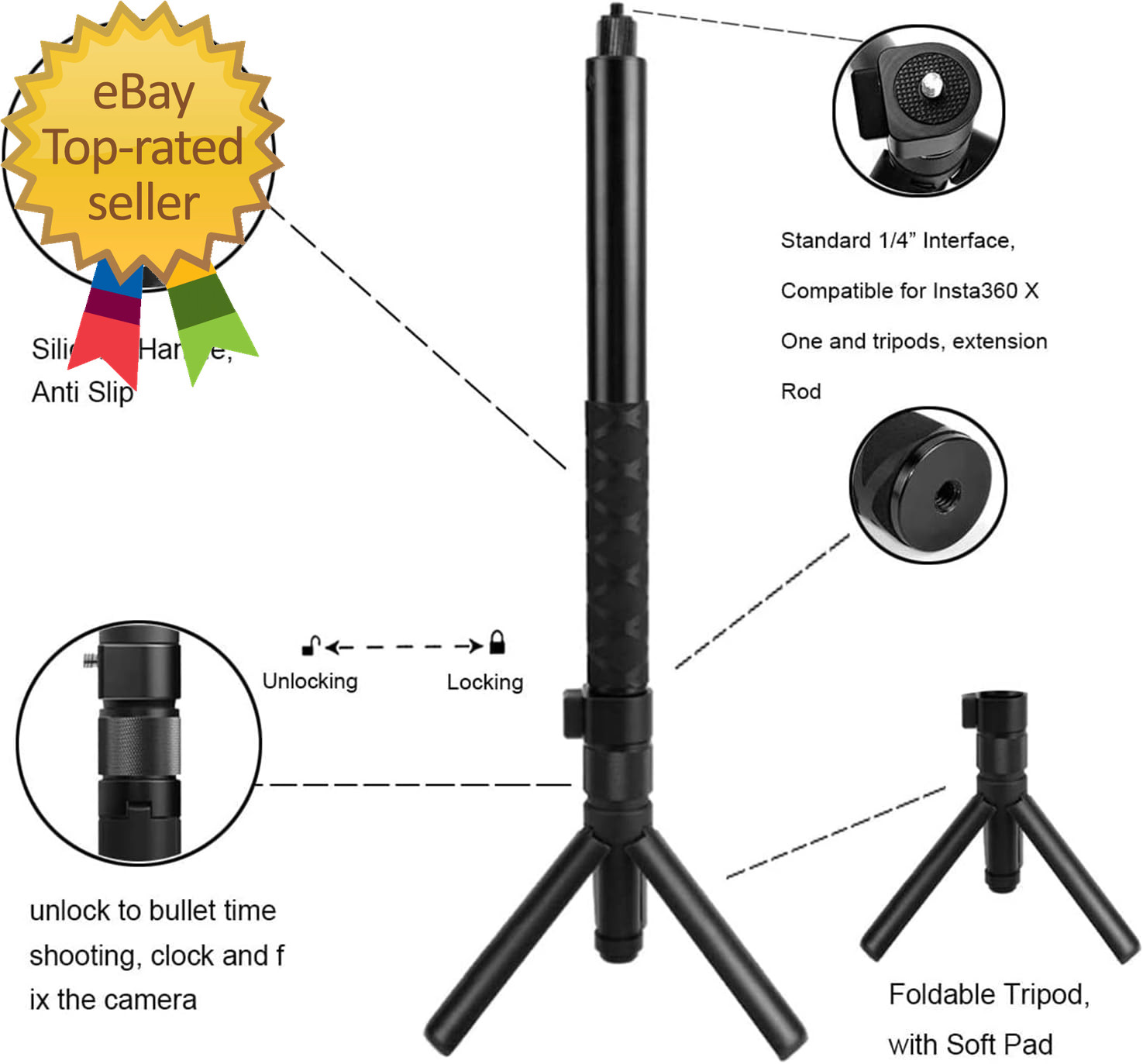 Handheld Camera Selfie Stick and Tripod for Insta360 Bullet Time Bundle, Protect
