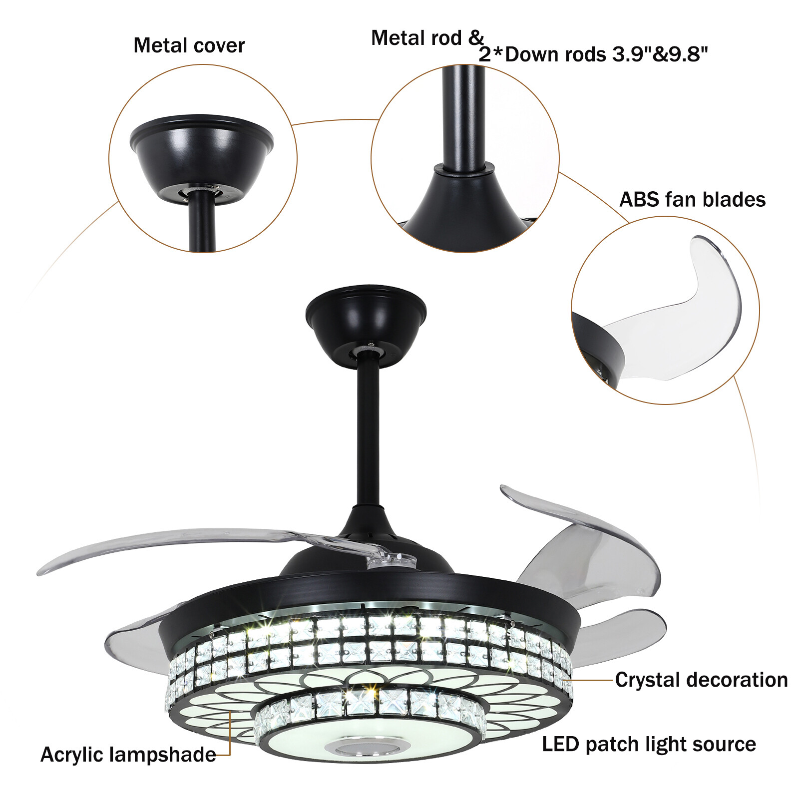 42" Crystal Ceiling Fan Light Bluetooth Speaker 7Color Change Ceiling Chandelier