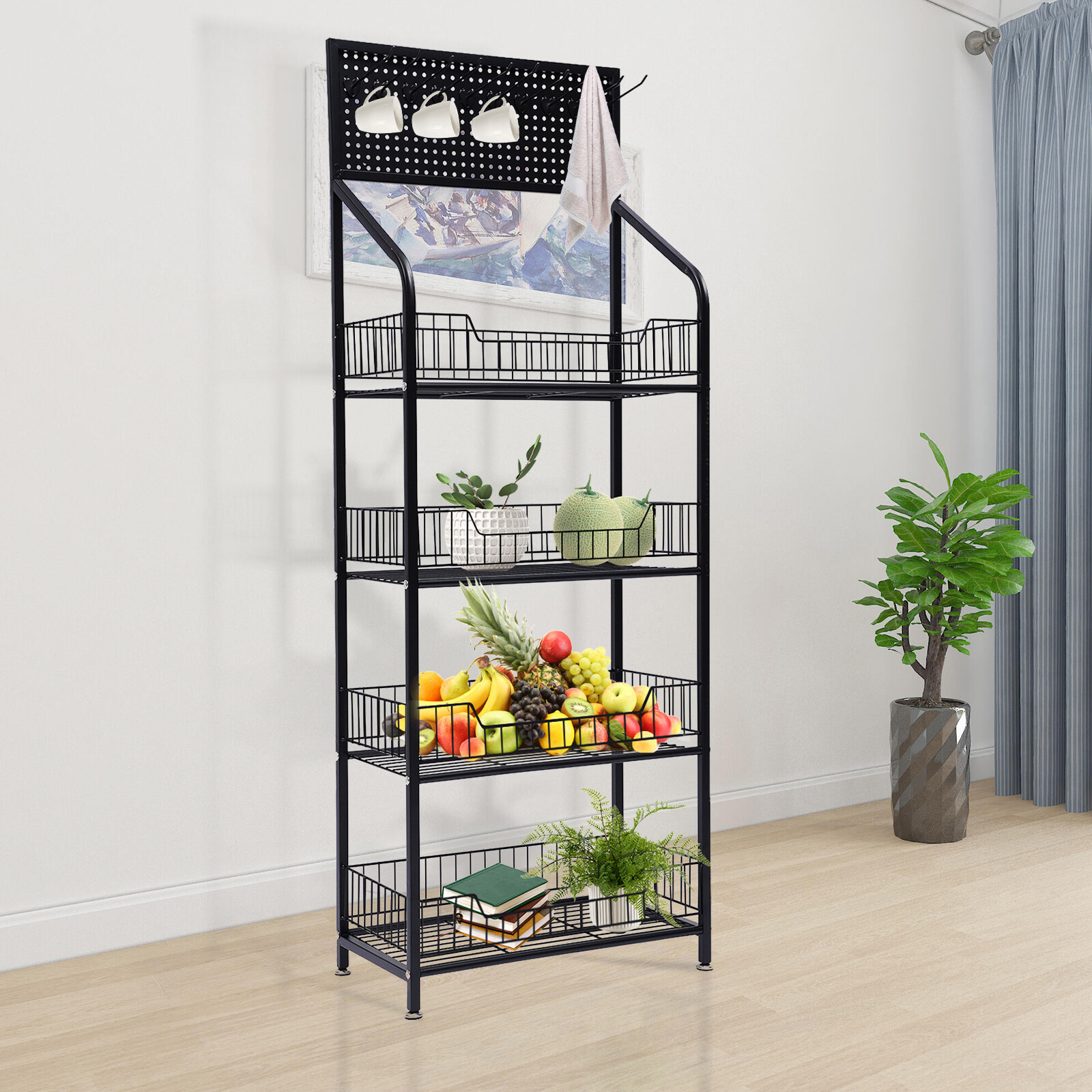 4-Tier Metal Baker's Rack With Locking Wheels, Wine Rack & 5 Hooks