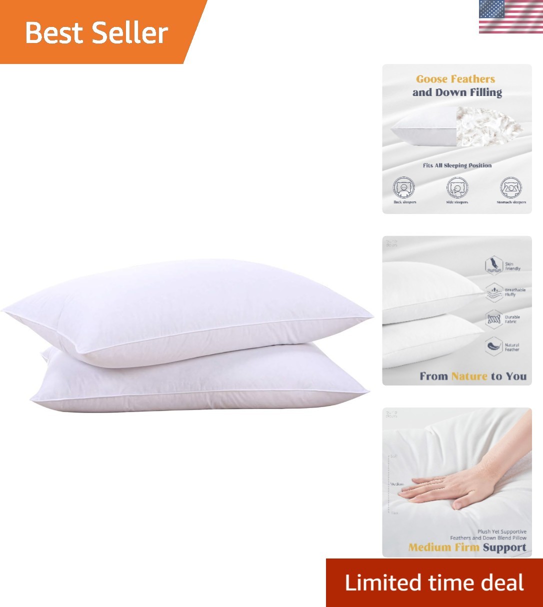 Goose Feathers and Down White Pillows with 100% Cotton Cover, Bed Sleeping Ho...