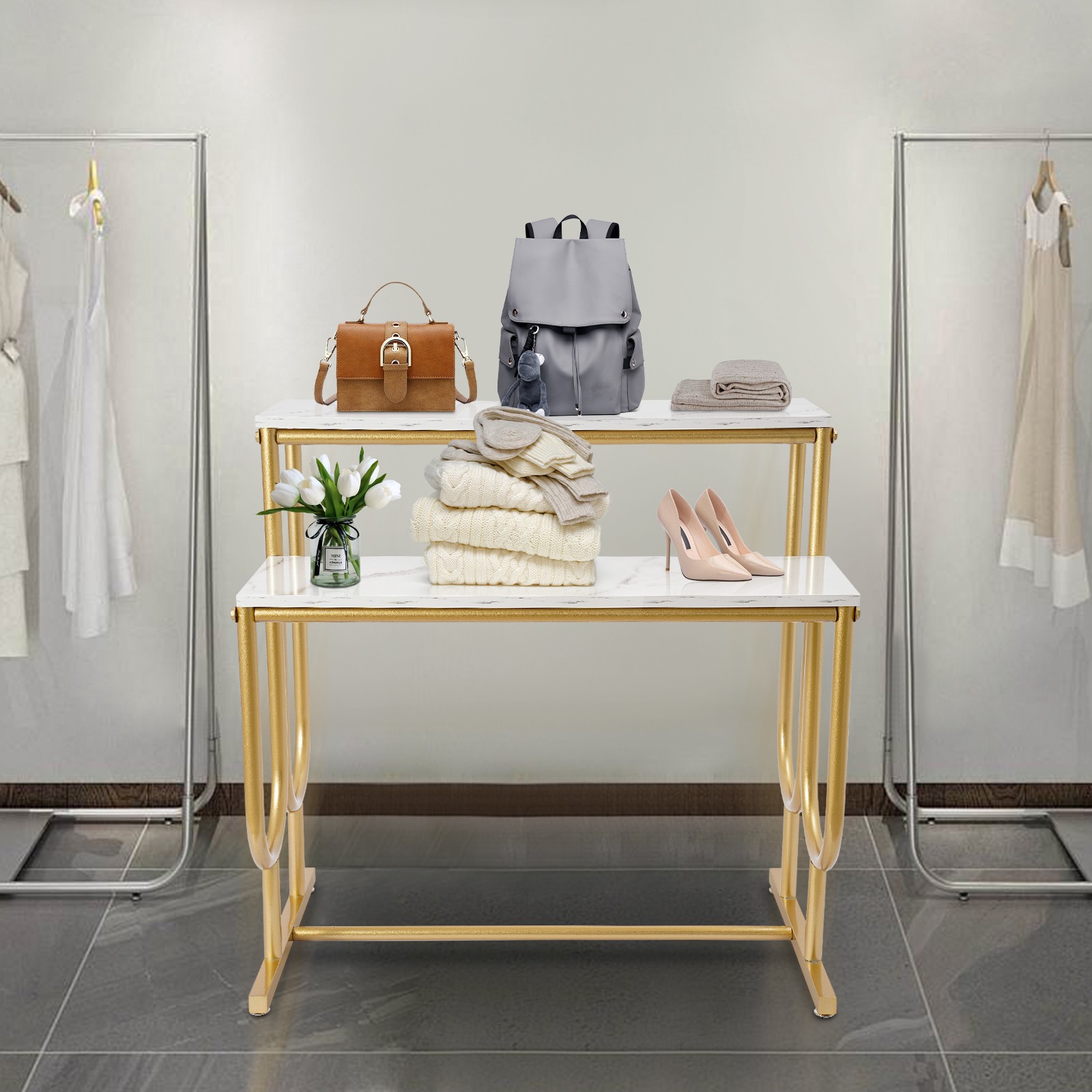 Purse Display Stand, Free Standing Handbag Display Stand, 2 Tier Display Table