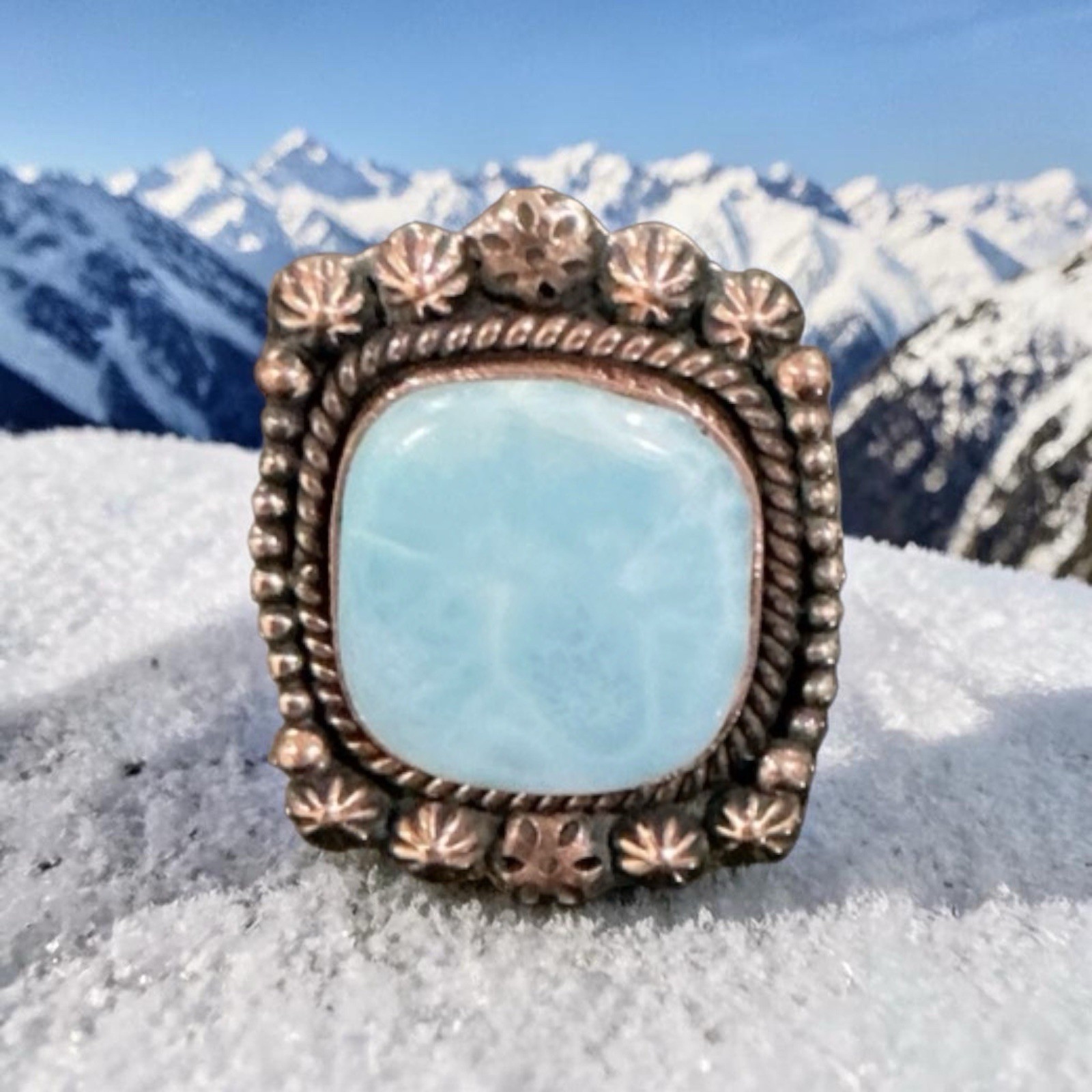 Artisan Larimar Turquoise Cabochan Copper Ring Adj 6-9