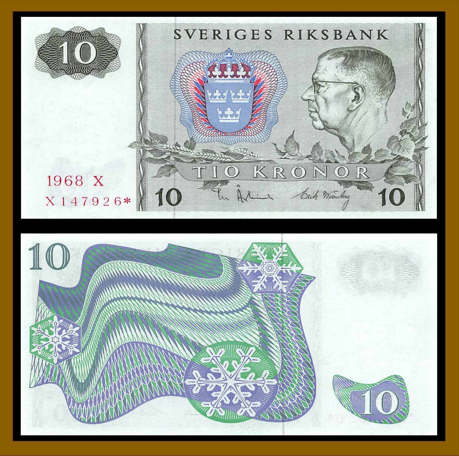 Sweden 10 Kronor, 1968 P-52 Replacement * Star Gustaf VI Adolf Snowflakes Au+