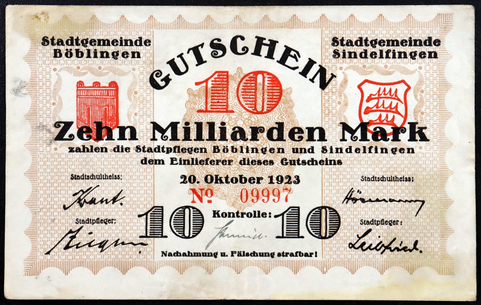 BÖBLINGEN and SINDELFINGEN 1923 10 Milliarden = 10 Billion Mark Notgeld