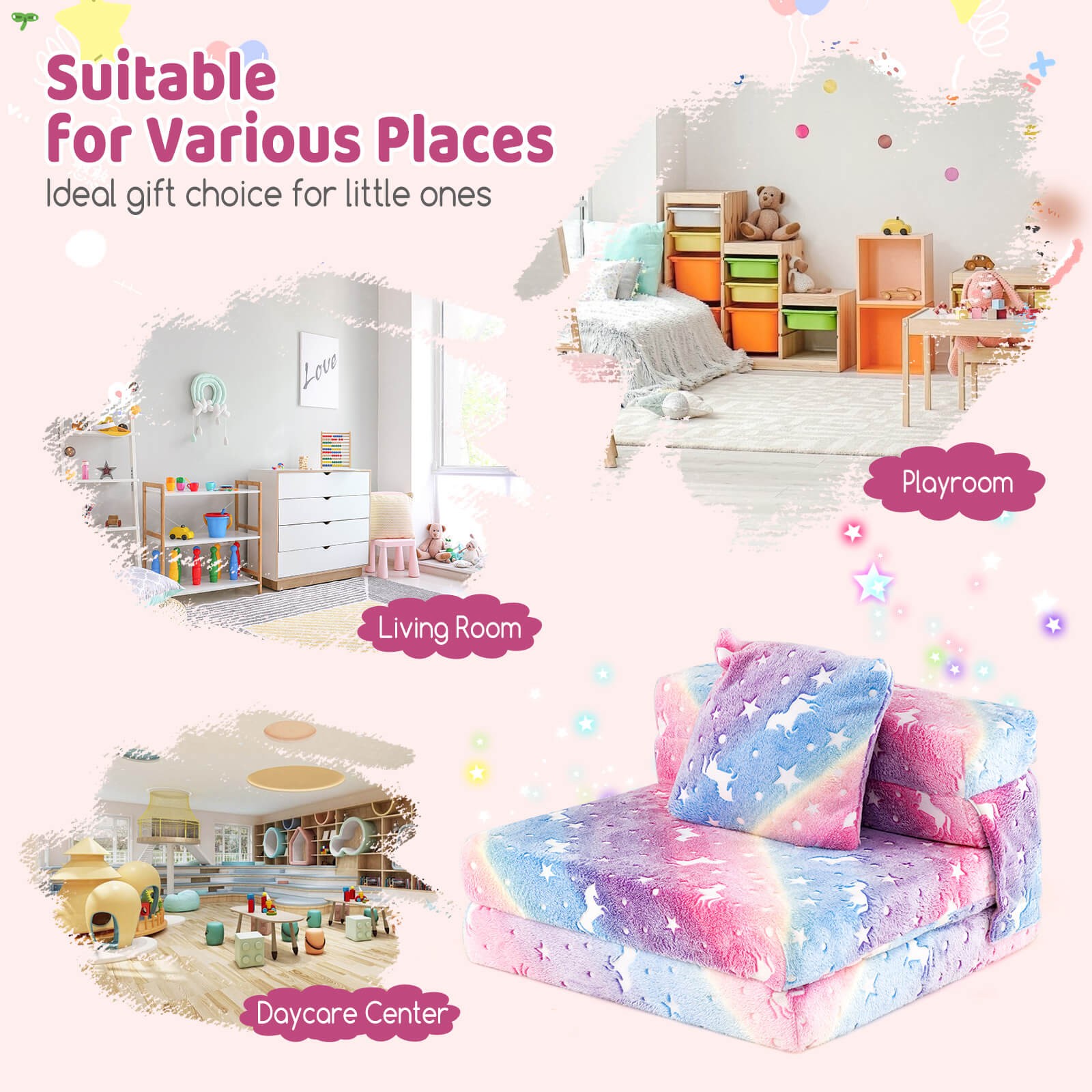 Kids Folding Sofa Bed Floor Mattress w/ Throw Pillow & Machine Washable Cover