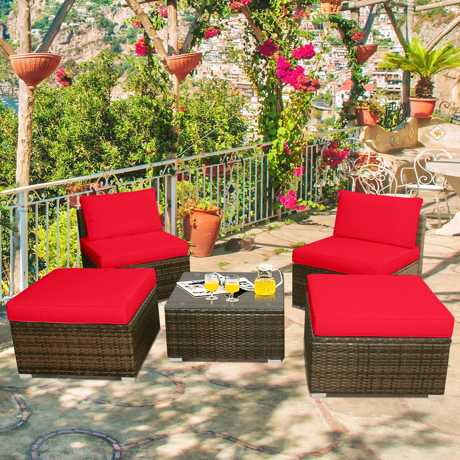 Topbuy 5 PCS Outdoor Rattan Wicker Sofa Set Lounge Chair W/ Red Cushions