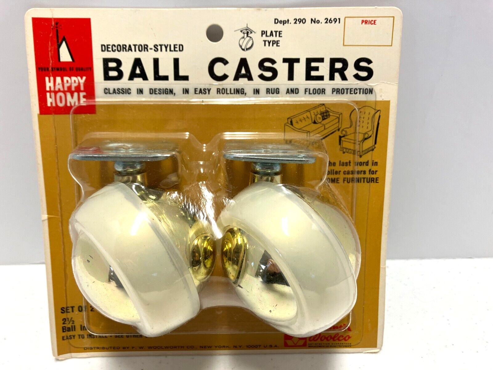 2-pk NOS Woolworth Furniture Ball Caster 2 1/2" SNAP-LOK Carpet / Hard SurfaceS