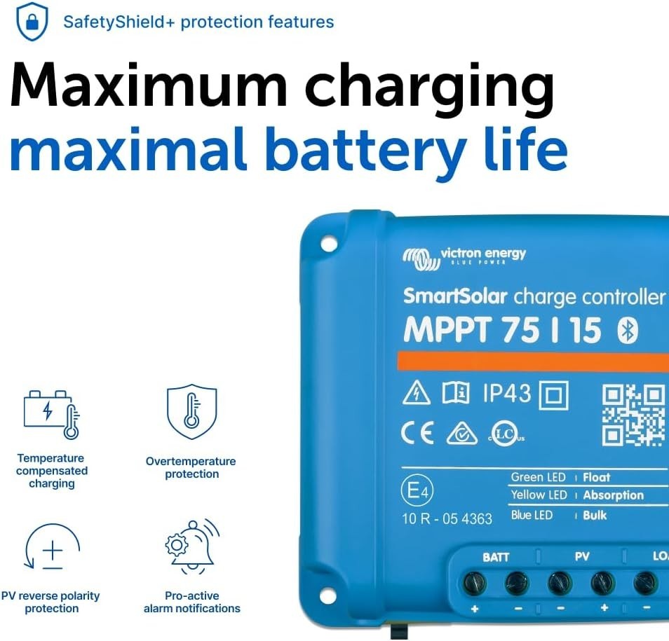 SmartSolar MPPT Bluetooth Solar Charge Controller - 75V, 15A, 12/24V Efficiency