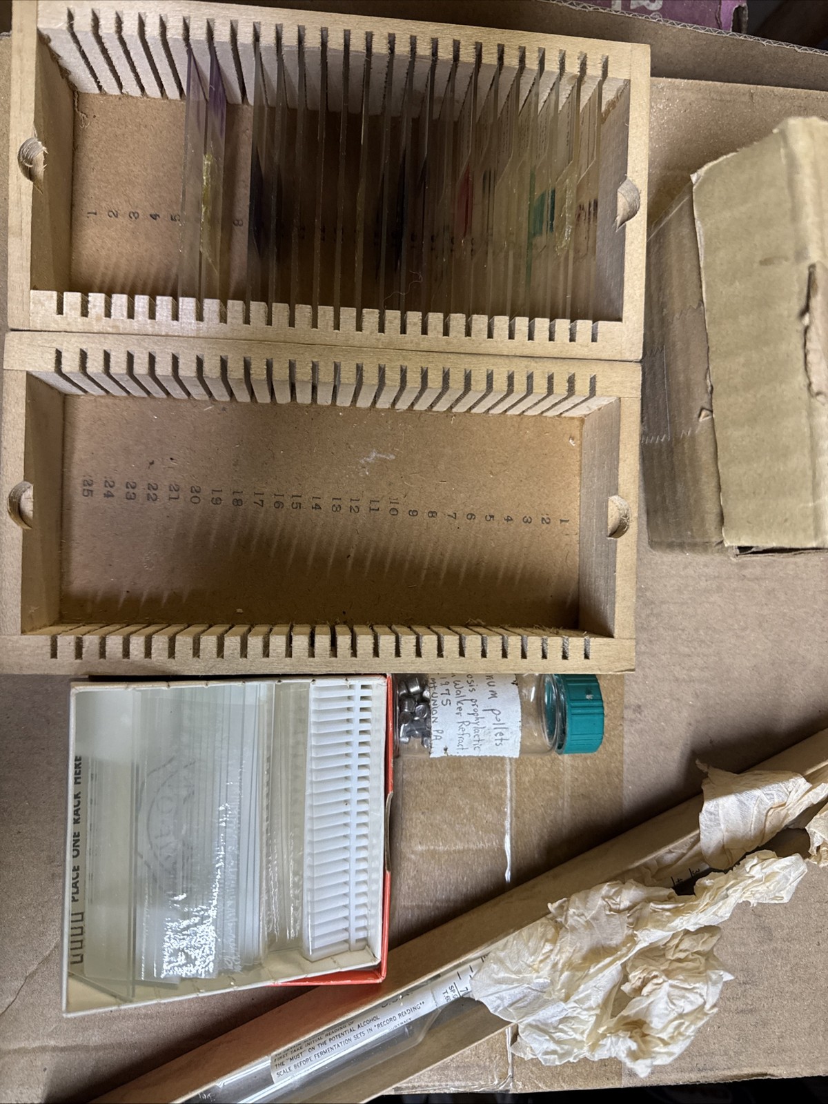 Lot Of Slides, Slide Holders, Microscope Adapter, Al Pellets, And Alcohol Volume