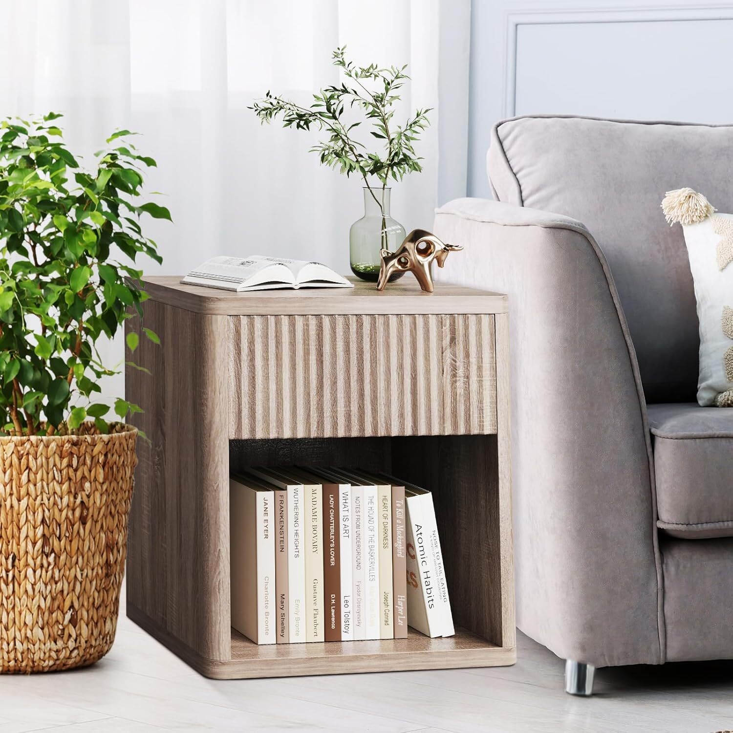 Fluted Nightstand Set of 2, Farmhouse Nightstand End Side Table for Living Room