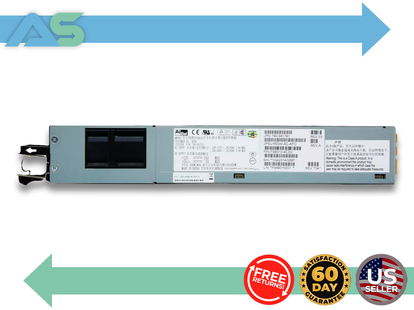 Juniper FSB010 650W Power Supply JPSU-650W-AC-AFO FSB010-4C0G (740-041741)