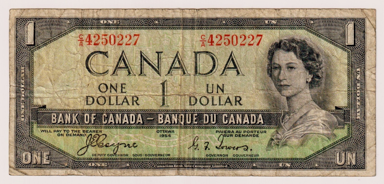 CANADA $1 1954 BC-29a / P-66a  QE II Circulated DEVIL'S FACE 👿  C/A 4250227