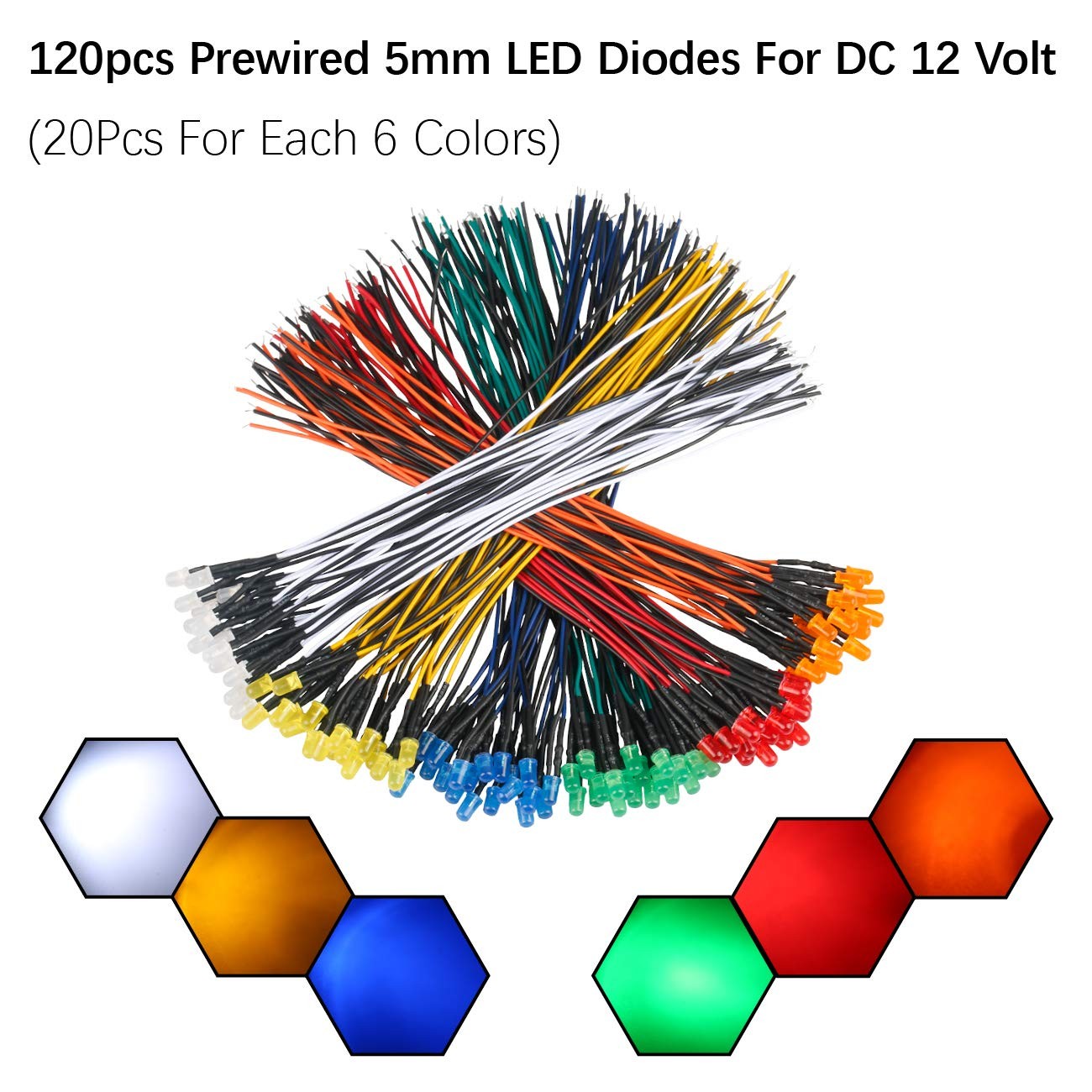 120pcs 12V LED Lights Emitting Diodes, 5mm, [01] 6 Colors X 20 Pcs / 120