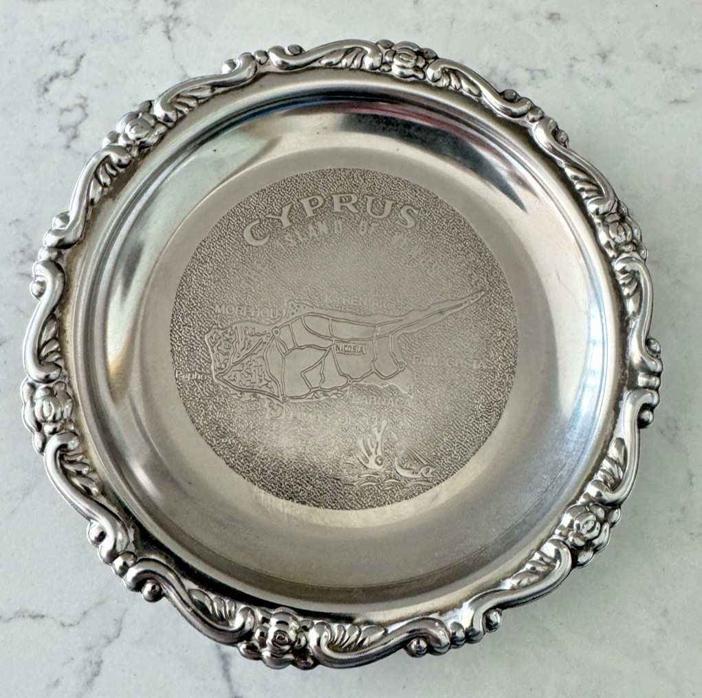 VINTAGE CYPRUS: ISLAND OF VENUS SILVER PLATED ENGRAVED DISH COLLECTIBLE & RARE
