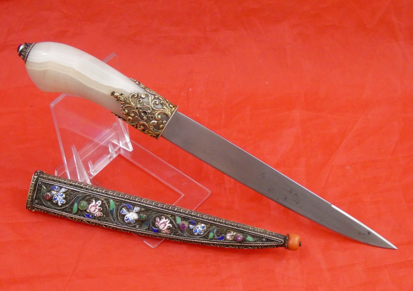 FINEST ANTIQUE EUROPEAN DAGGER SILVER ENAMEL GEMSET JEWELED French Blade sword