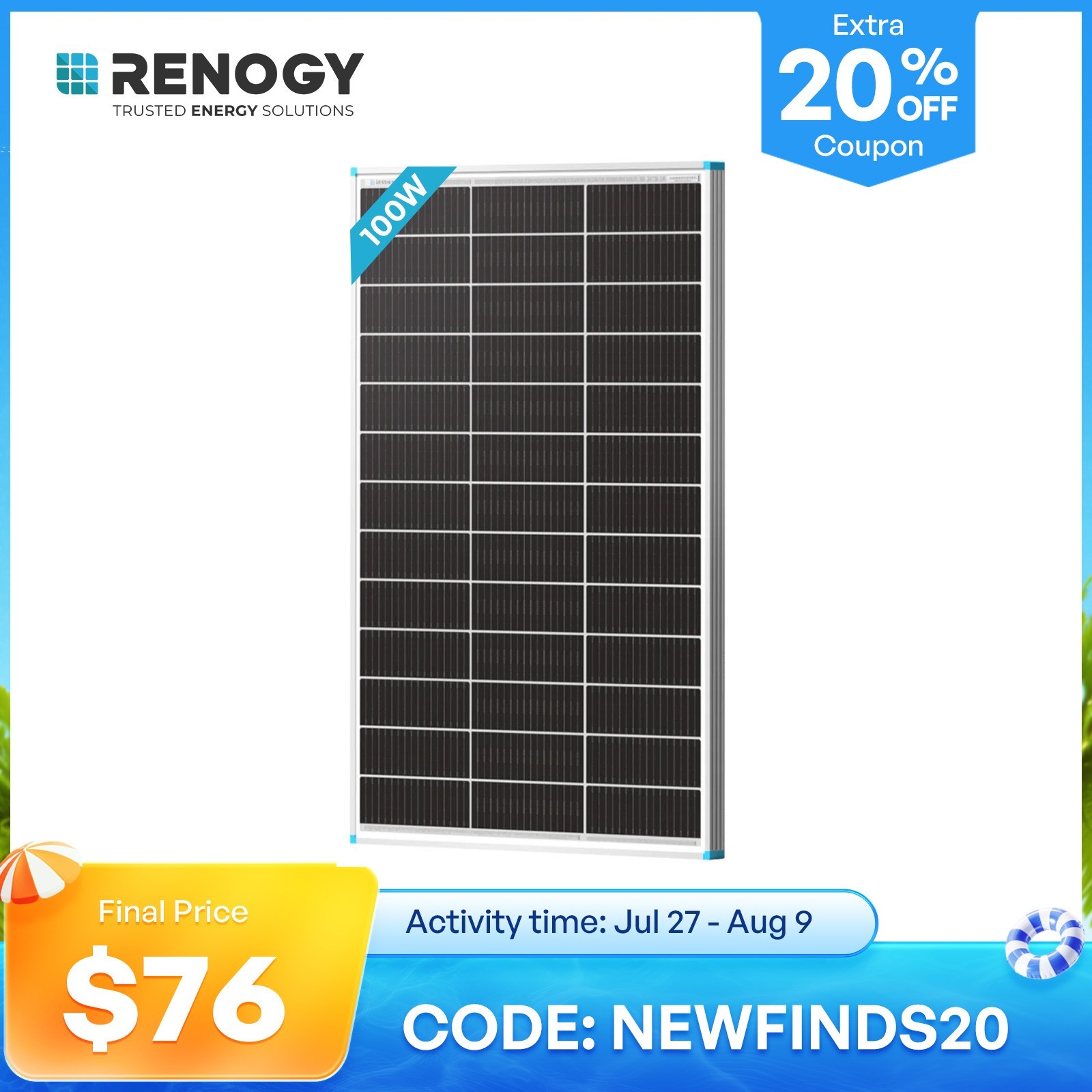 Renogy Bifacial Solar Panel 100W N-Type 16BB 25% High-Efficiency Solar Cell RV