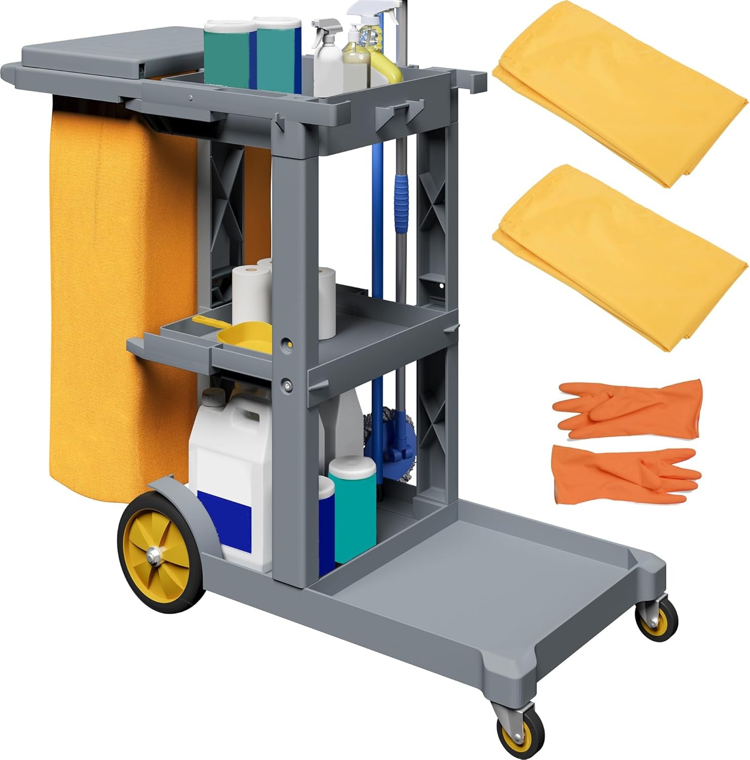 Janitorial Cleaning Cart on Wheels 3-Shelf Commercial Plastic Yellow 2 Bag Gray