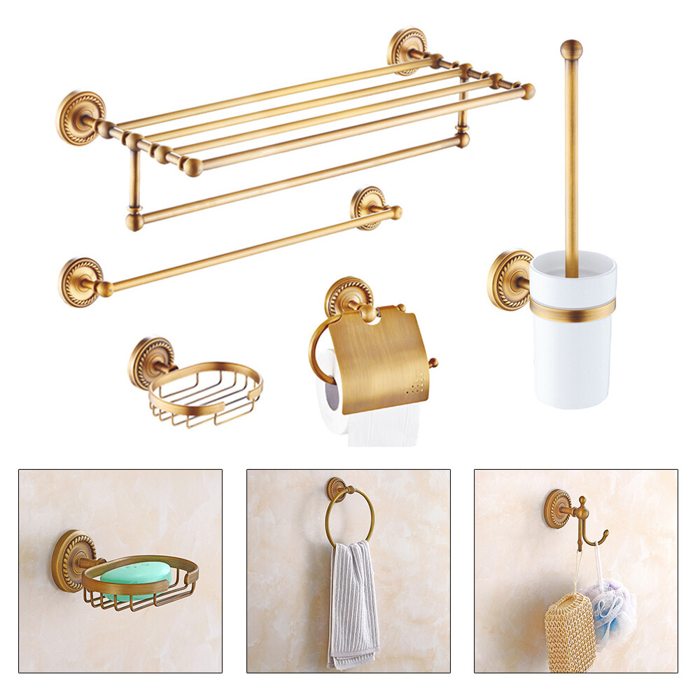 7Pcs Antique Bathroom Accessories Restroom Hardware Carved Brass Towel Bar