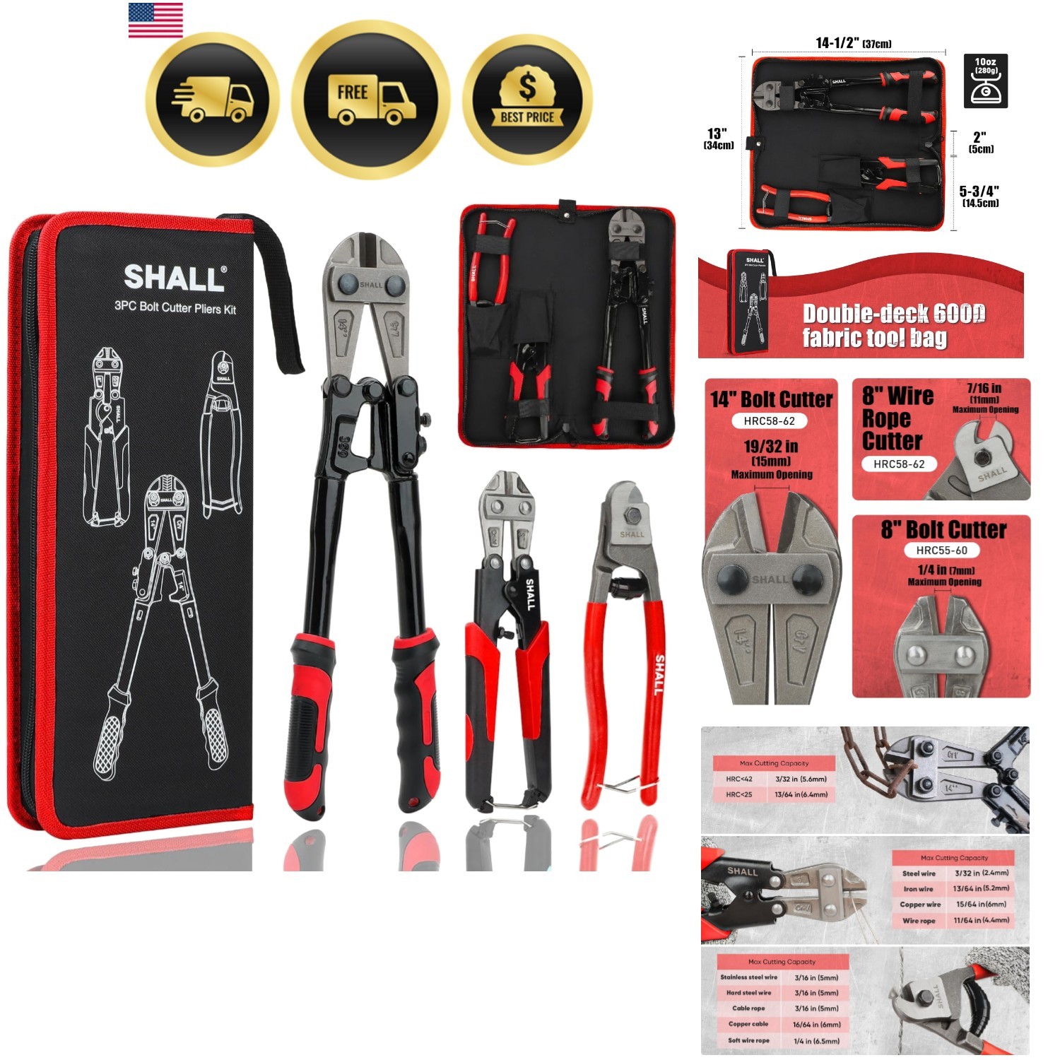3-Piece Bolt Cutters, 14" Heavy Duty Bolt Cutter, 8" Mini Bolt Cutter, 8" Wir...