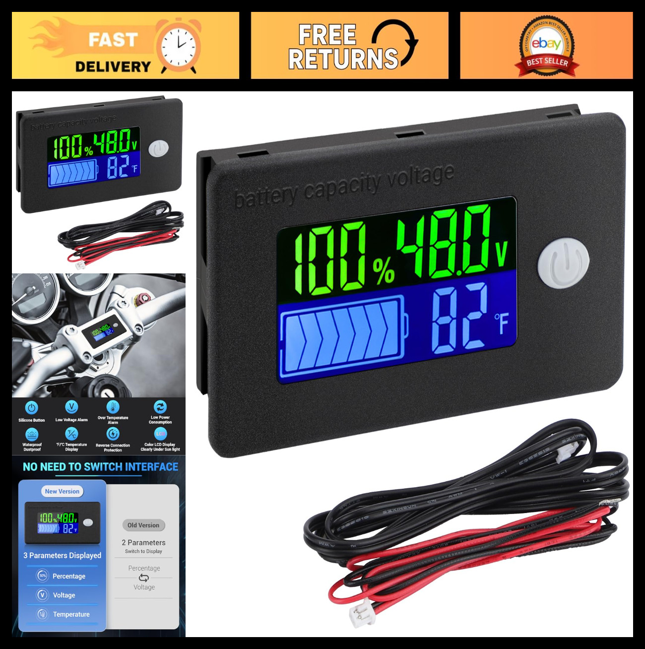 Drok 48 Volt Battery Meter, 10-100v Golf Cart Battery Meter DC Voltage