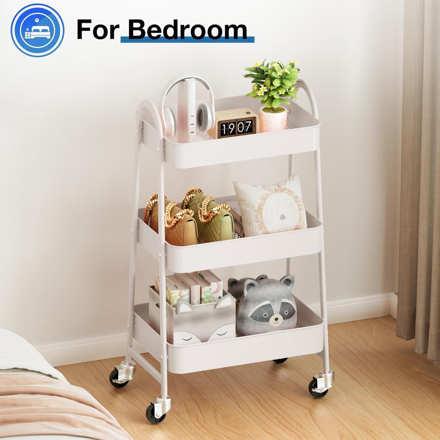 Rolling Storage Cart with Lockable Wheels Metal Utility Organizer Shelf White