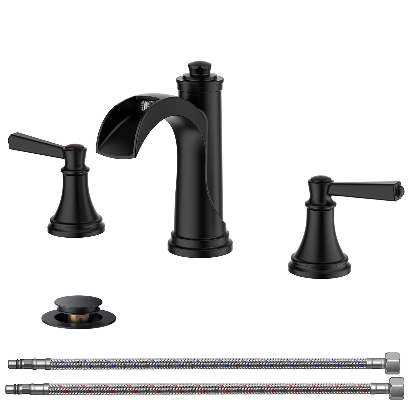 FORIOUS Black Waterfall Bathroom Faucet FB-03120B 3 Hole Widespread Vanity