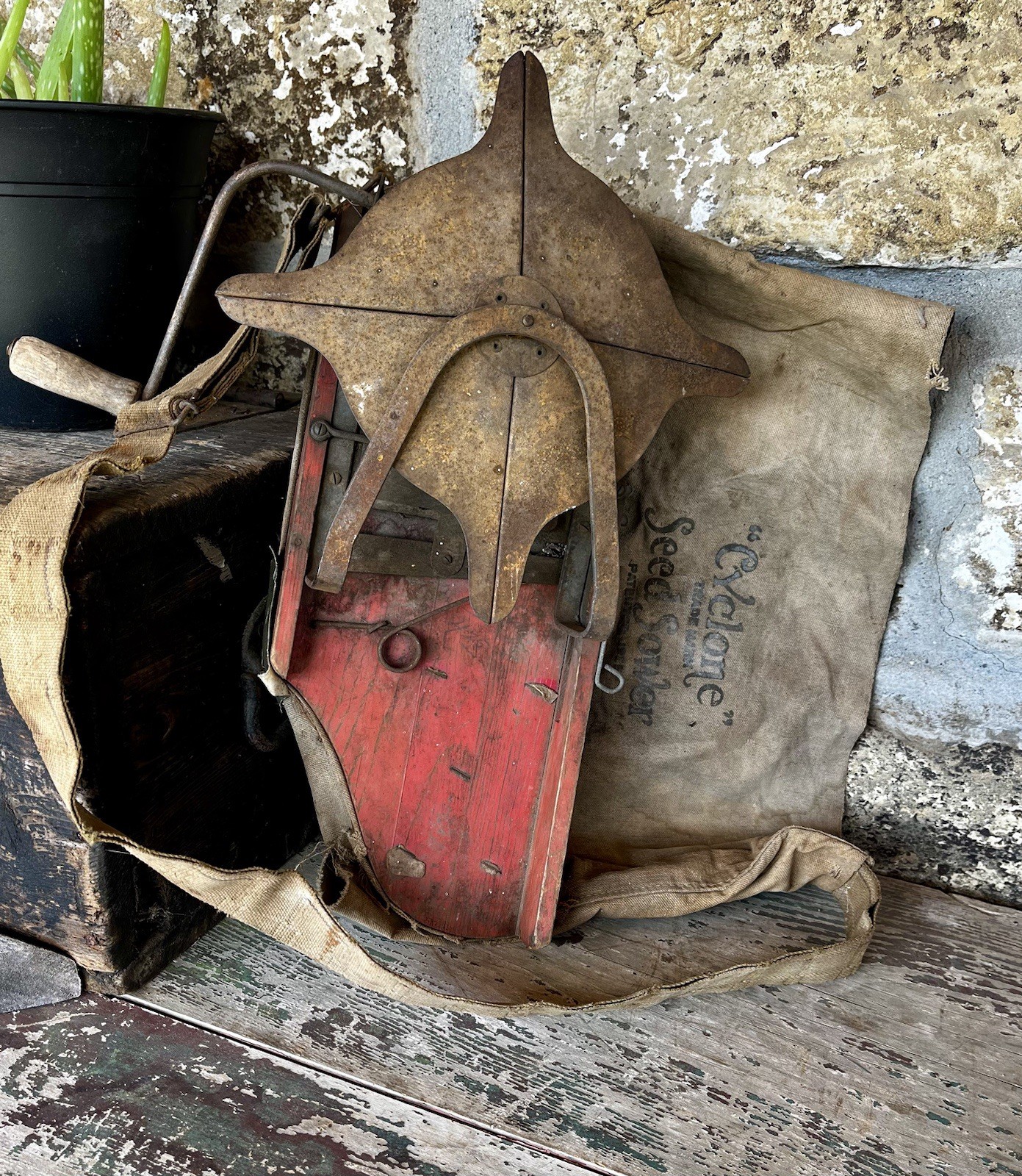 Antique Cyclone Hand Crank Seed Sower Garden Spreader w/ Advertising Canvas Bag