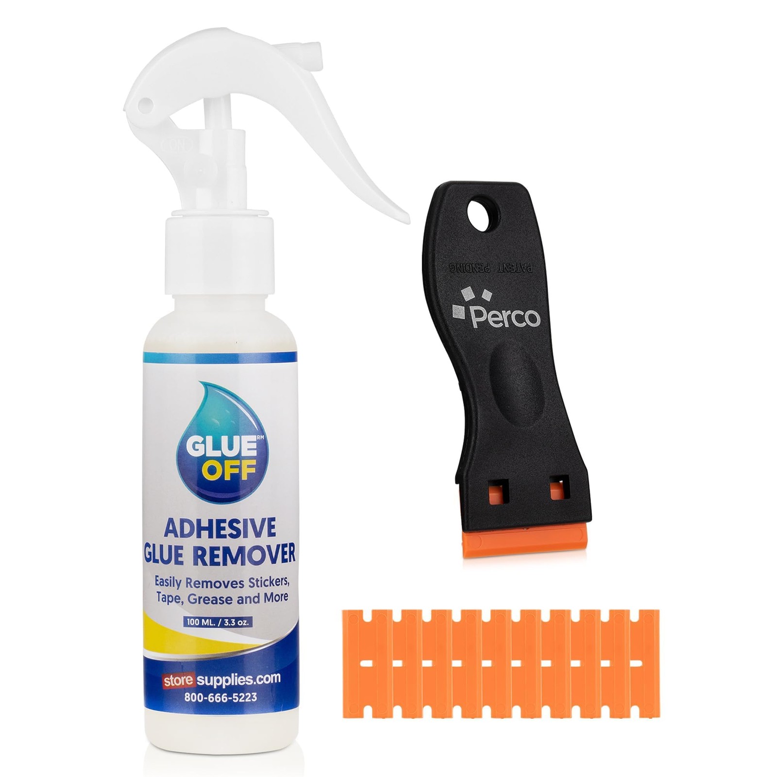 Glue Off Adhesive Sticker Remover 3.3 fl. oz & Scraper with Plastic Razor for...