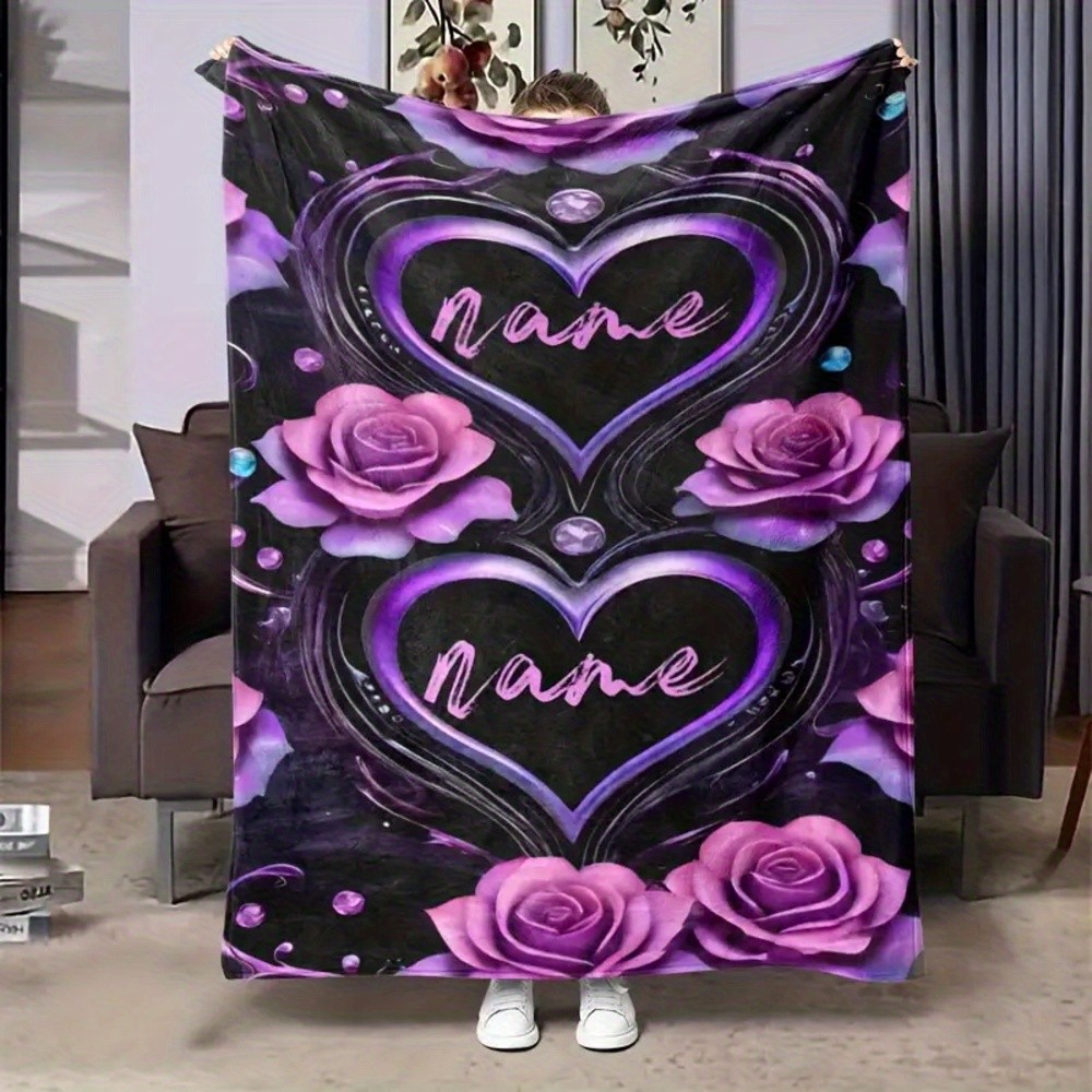 Personalized Couples Custom Name Flannel Throw Blanket Roses Hearts Soft Gift♪