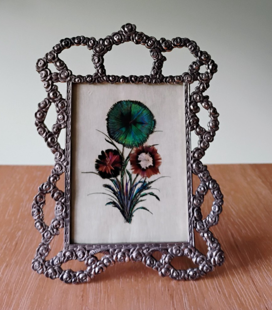Vintage Miniature Peacock Feather Art Work Floral in Ornate Metal Roses Frame
