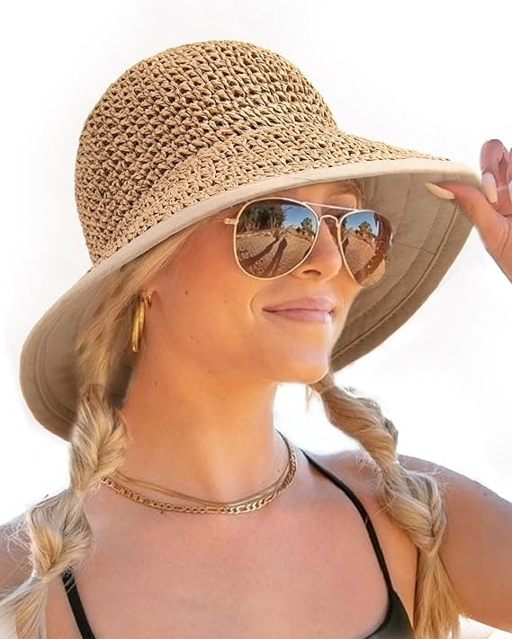 Summer Straw Beach Sun Hats UPF 50 Floppy Wide Brim Travel Bucket Hat Foldable
