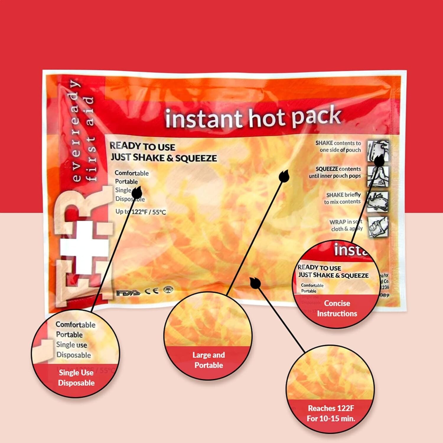 Ever Ready First Aid Disposable Instant Hot Pack 6" x 9" Ready to Use - 48 Pack