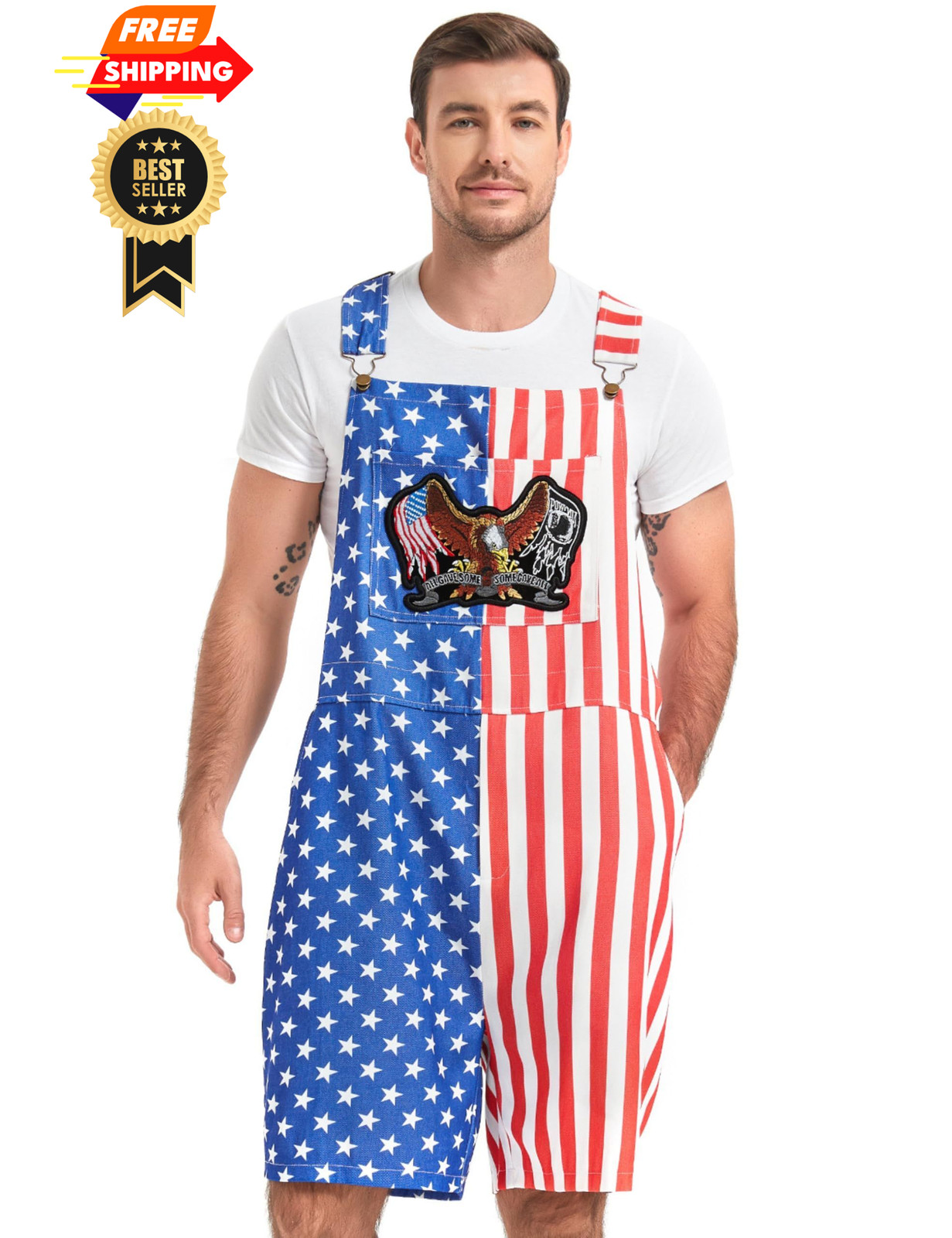 Aotiooy American Flag Bib Overalls Shorts for Men, XX-Large, Eagle