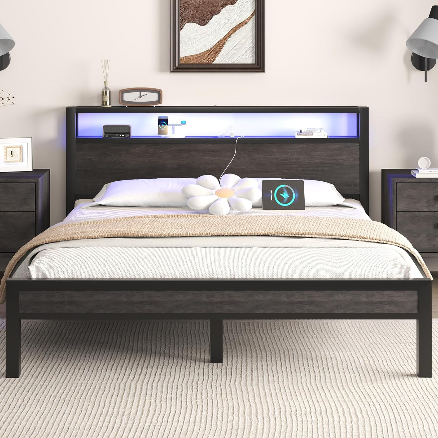 Full Size Bed Frame with Storage Headboard, Industrial Platform Bed with Chargin