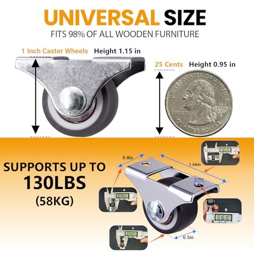 Mini Fixed Casters, Rubber Wheels with Bearings, 130LBS Capacity, 4 1 Inch