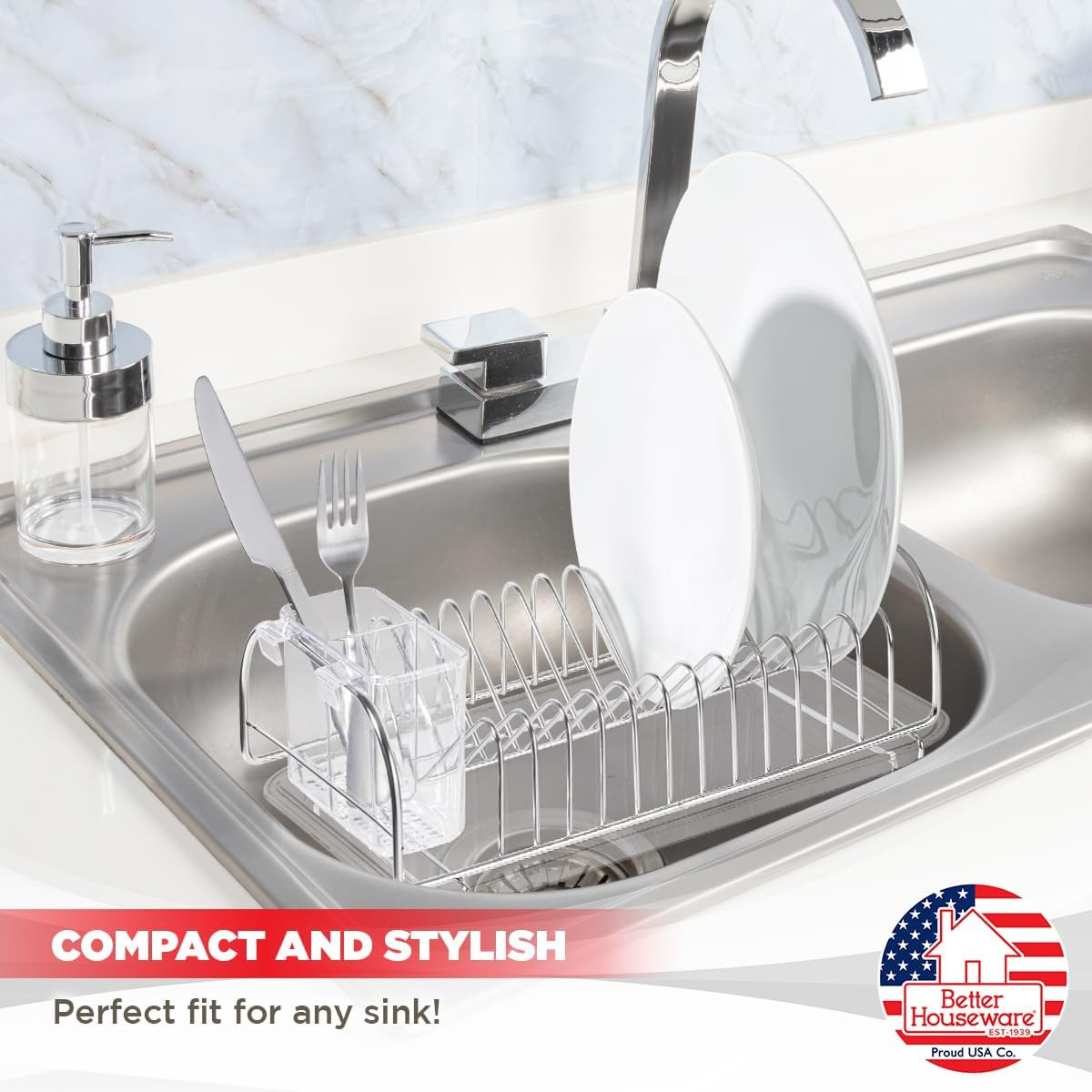 Stainless Steel Dish Drainer with Clear Plastic Tray and Cutlery Holder, Compact