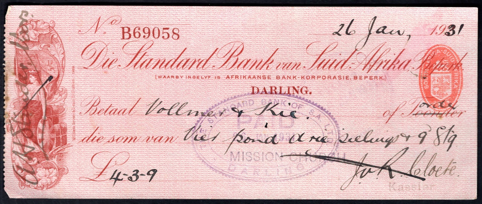 South Africa, Standard Bank of South Africa Limited, Darling branch cheque, 1...