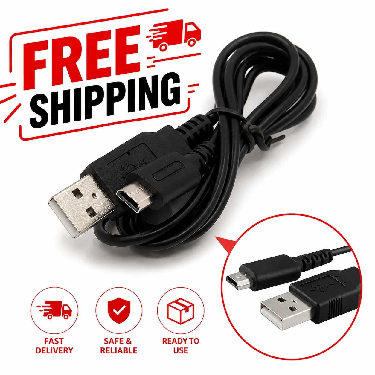 USB Charger Cable for Nintendo DS Lite NDSL Charging Power Cord Sync Lead Black